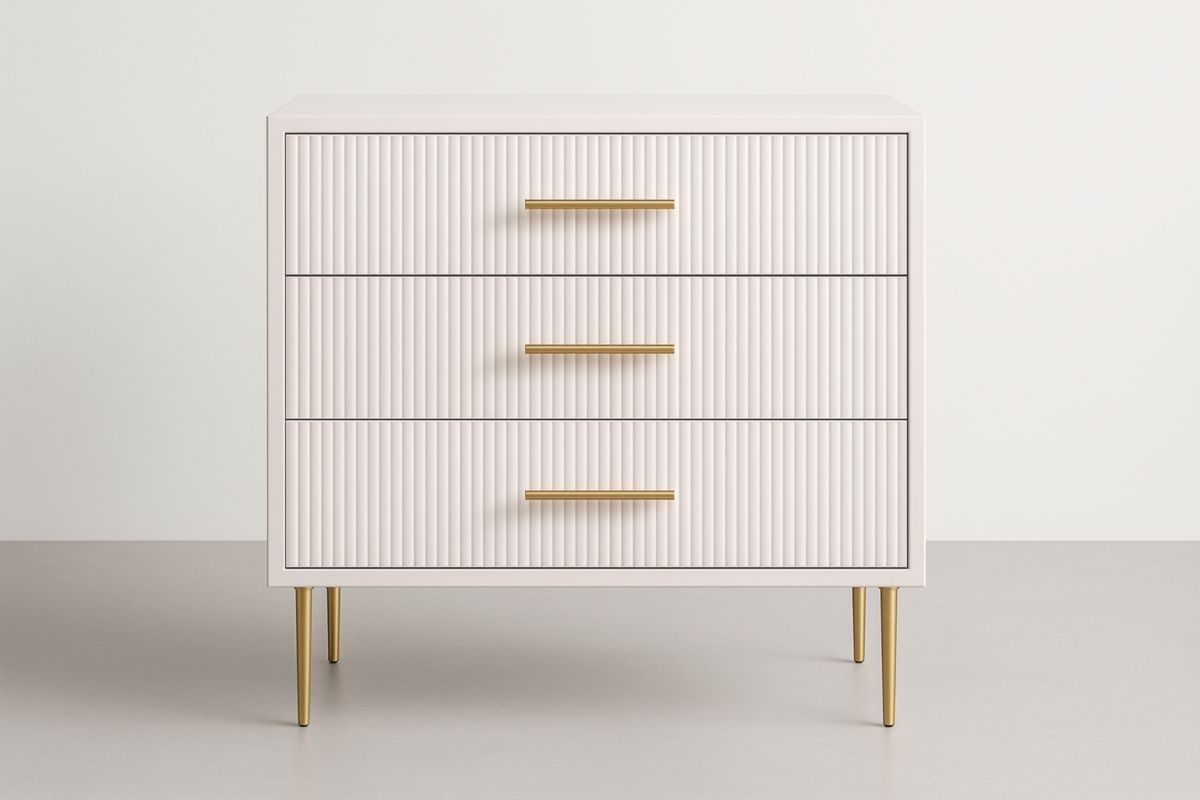 Comò a tre cassetti in MDF bianco e alluminio