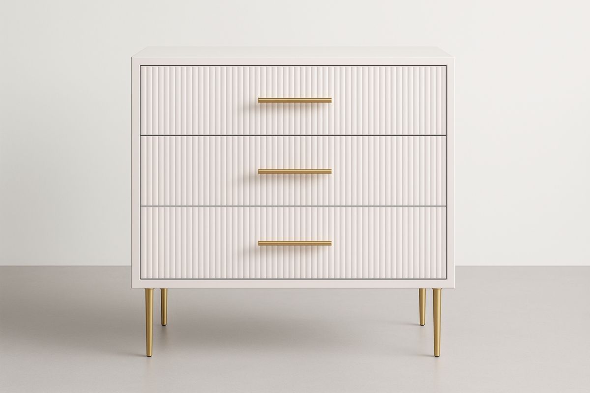 Comò a tre cassetti in MDF bianco e alluminio