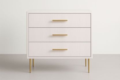 Comò a tre cassetti in MDF bianco e alluminio