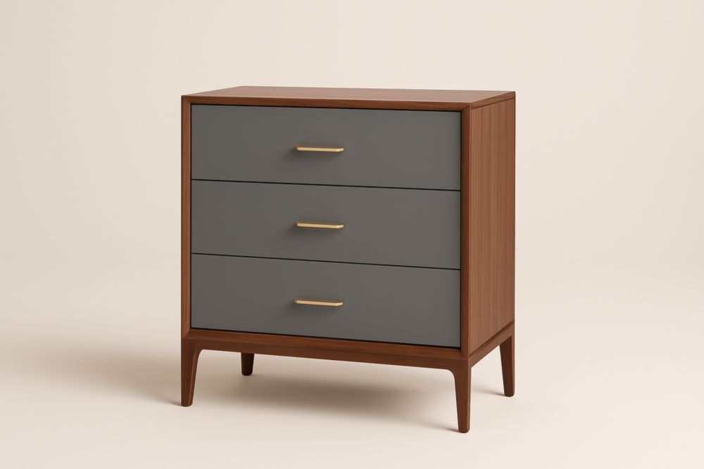 Cassettiera in MDF con 3 cassetti grigi e maniglie in acciaio