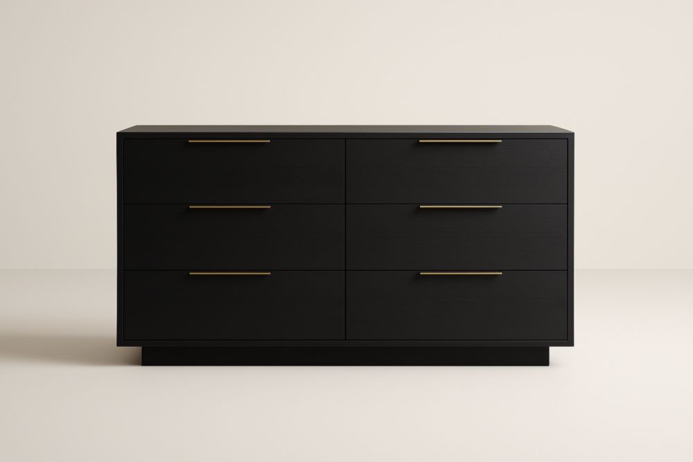 Cassettiera nera in MDF con 6 cassetti e maniglie in acciaio