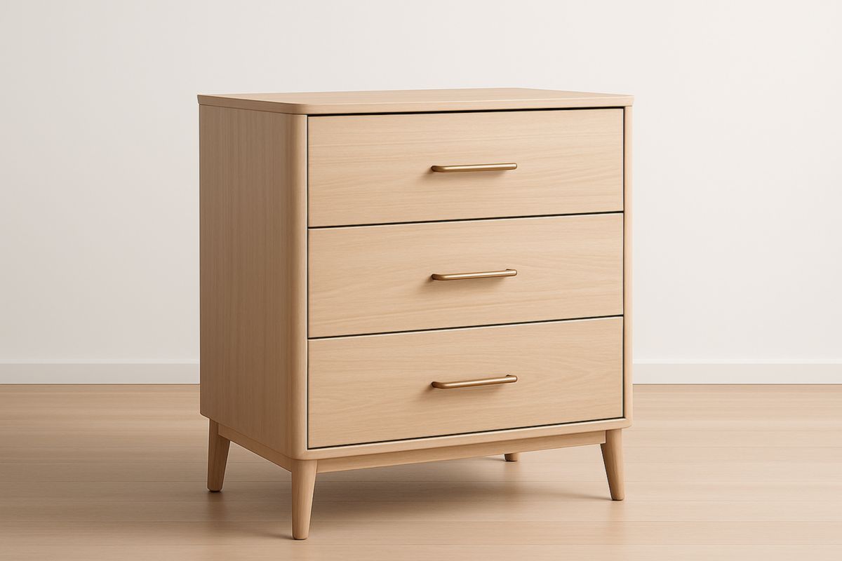 Cassettiera a 3 cassetti in legno di pino con maniglie in metallo