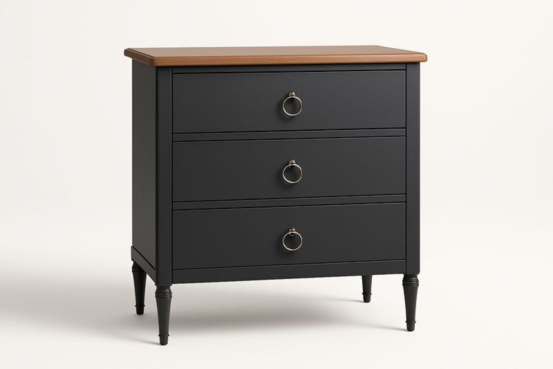 Cassettiera a tre cassetti in legno e MDF nero con piano marrone