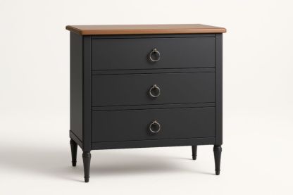 Cassettiera a tre cassetti in legno e MDF nero con piano marrone