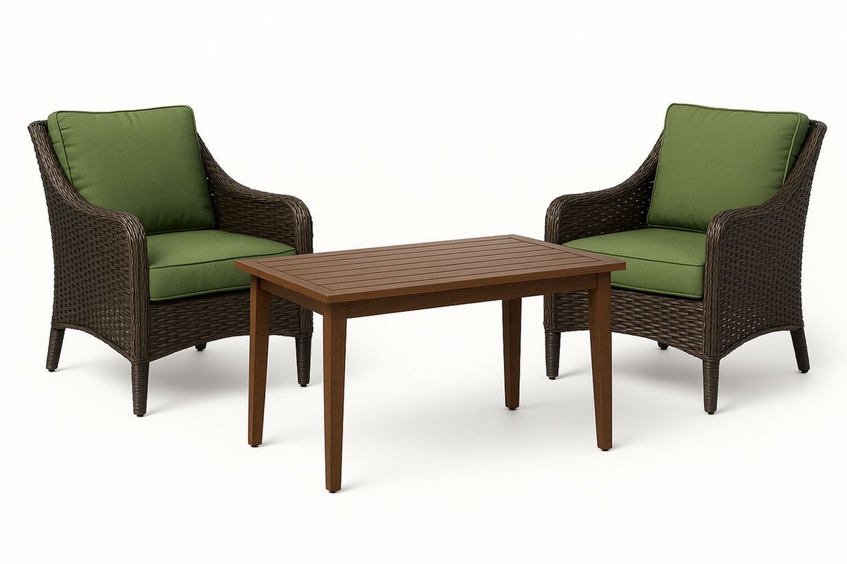 Rattan Wicker Outdoor Set with Green Cushions and Acacia Wood Table-Daliveron