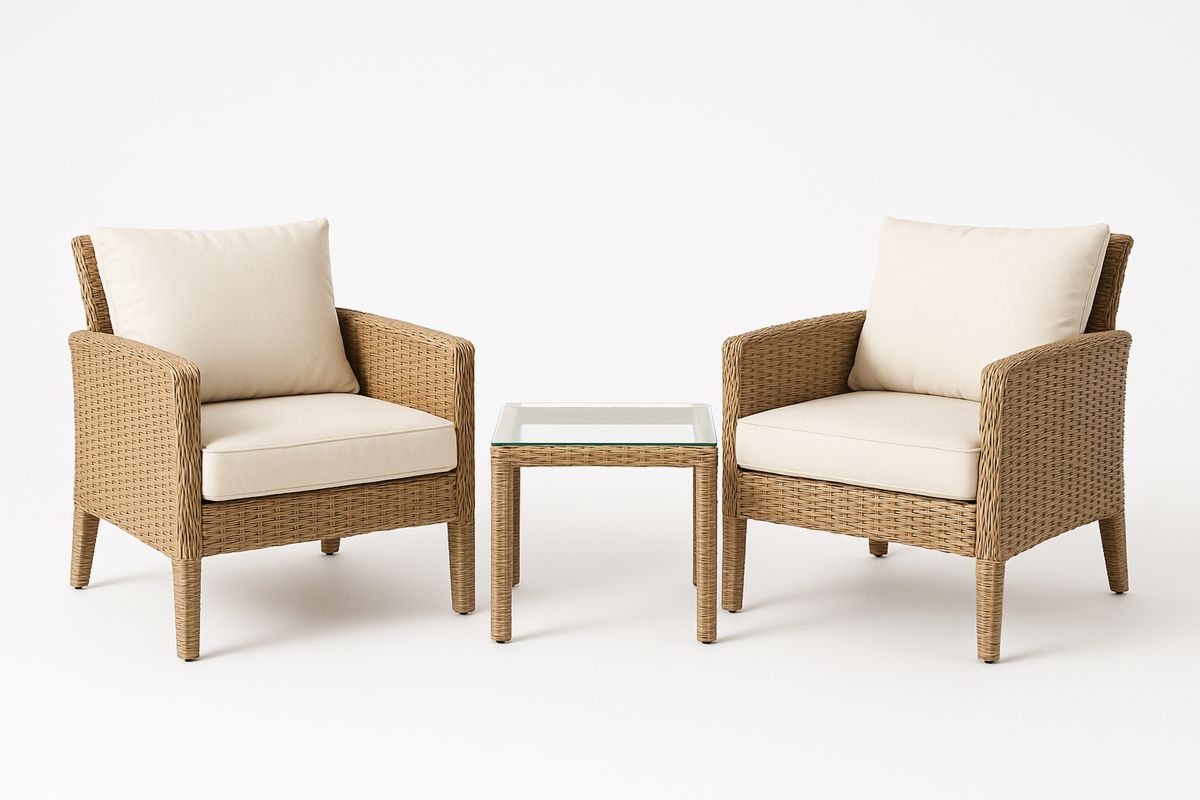 Outdoor Rattan Lounge Set with Beige Cushions and Glass Top Table-Daliveron