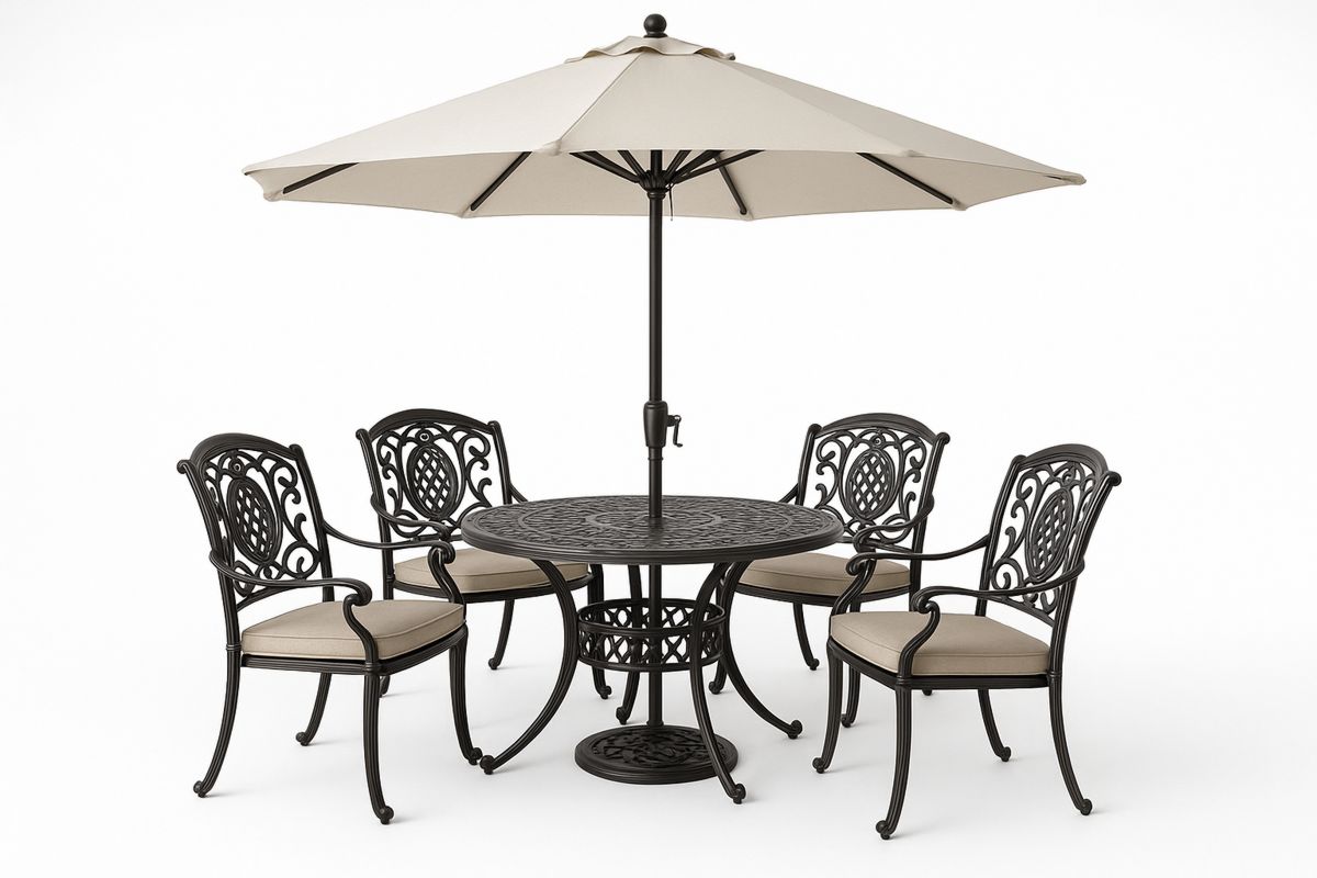 Cast Aluminium Outdoor Dining Set with Umbrella and Beige Cushions-Daliveron