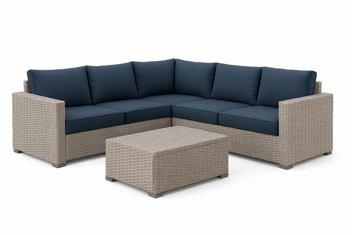 Outdoor L-Shaped Lounge Set Wicker Frame with Navy Cushions-Daliveron