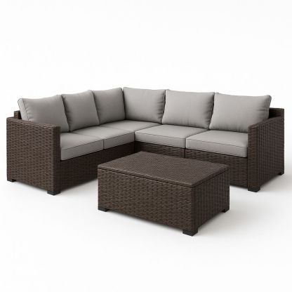 Rattan Outdoor L-Shaped Sofa Set with Cushions Brown/Grey-Venorital