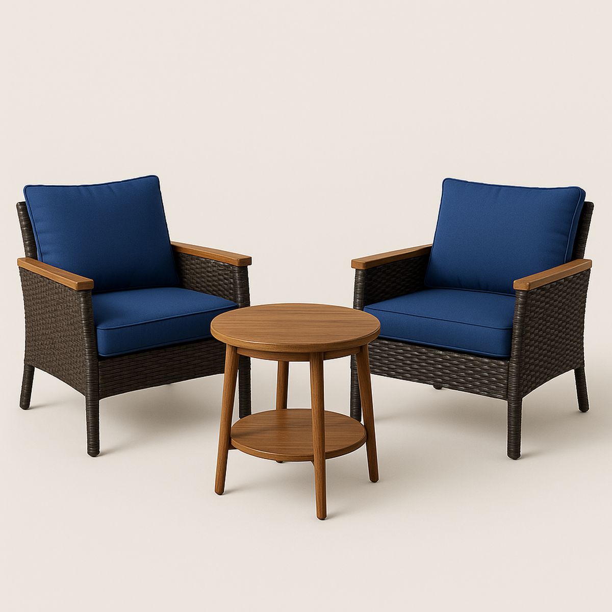 Outdoor Rattan Armchair and Round Table Set with Blue Cushions-Venorital