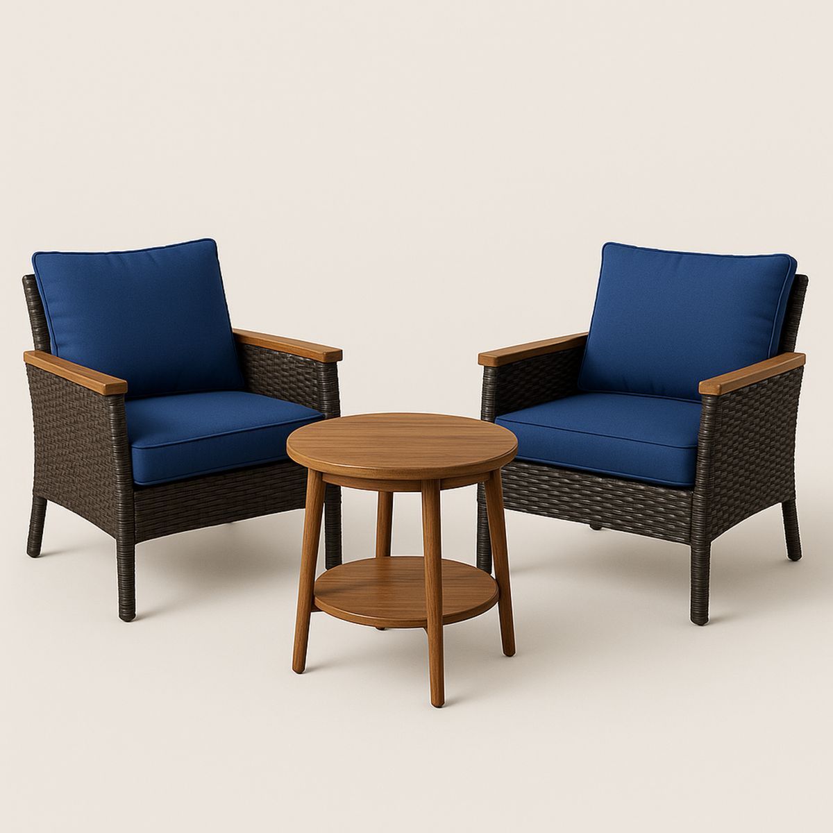 Outdoor Rattan Armchair and Round Table Set with Blue Cushions-Venorital