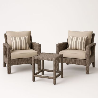 Outdoor Patio Furniture Set Wicker Chairs and Table in Brown with Beige Cushions-Venorital