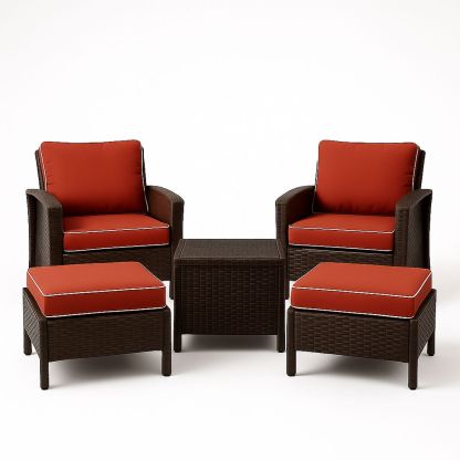 5 Piece Outdoor Wicker Furniture Set with Cushions Brown/Red-Venorital