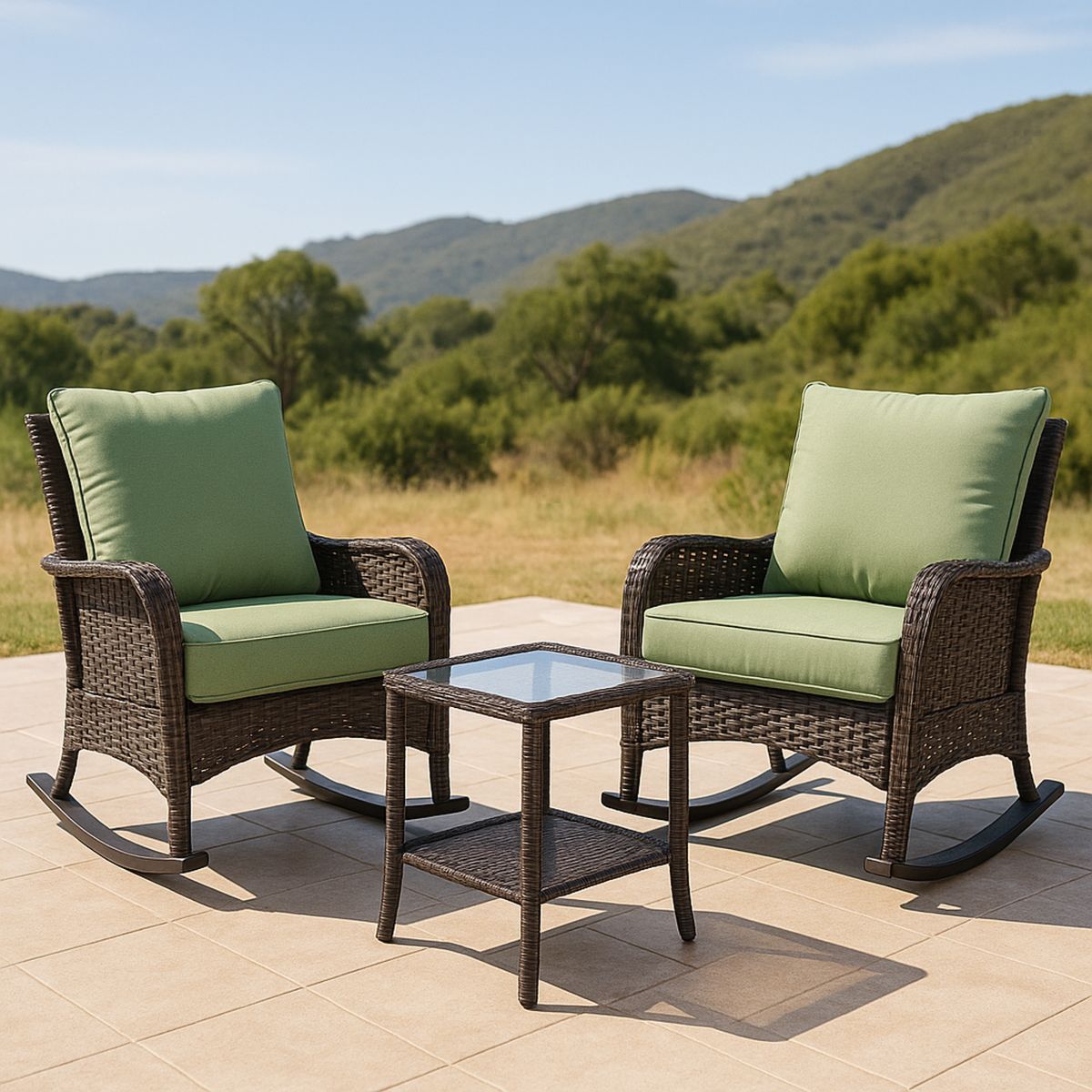 Outdoor Wicker Rocking Chair Set with Tempered Glass Table and Green Cushions-Venorital