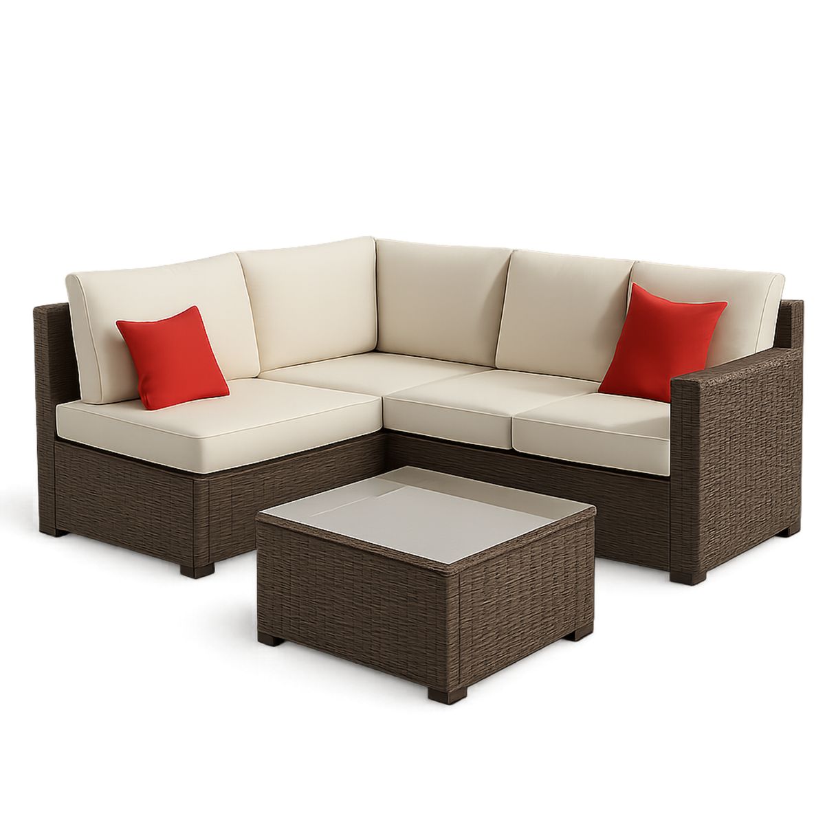 Outdoor Wicker Sofa Set with Glass Table in Beige and Brown-Venorital