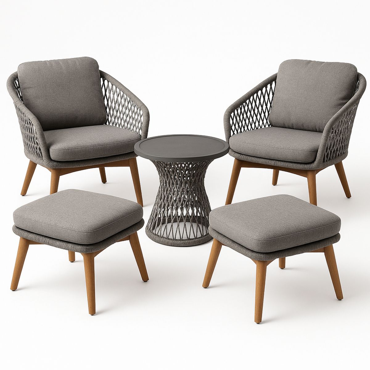 Outdoor Furniture Set with Wicker Chairs and Table, Grey Polyester Cushions-Venorital