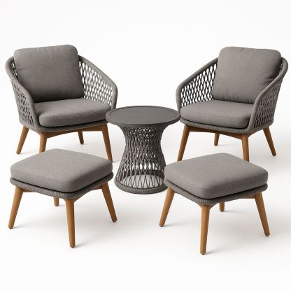 Outdoor Furniture Set with Wicker Chairs and Table, Grey Polyester Cushions-Venorital