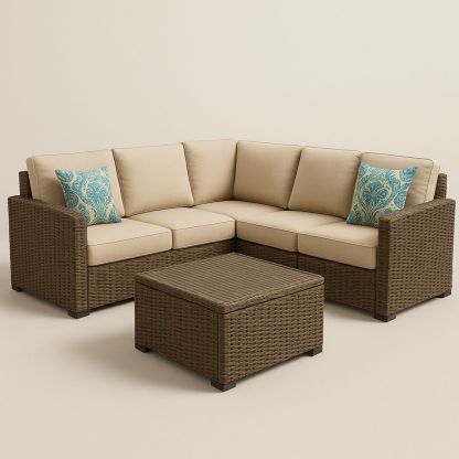 Outdoor Modular Sofa Set Wicker Beige Cushions-Venorital