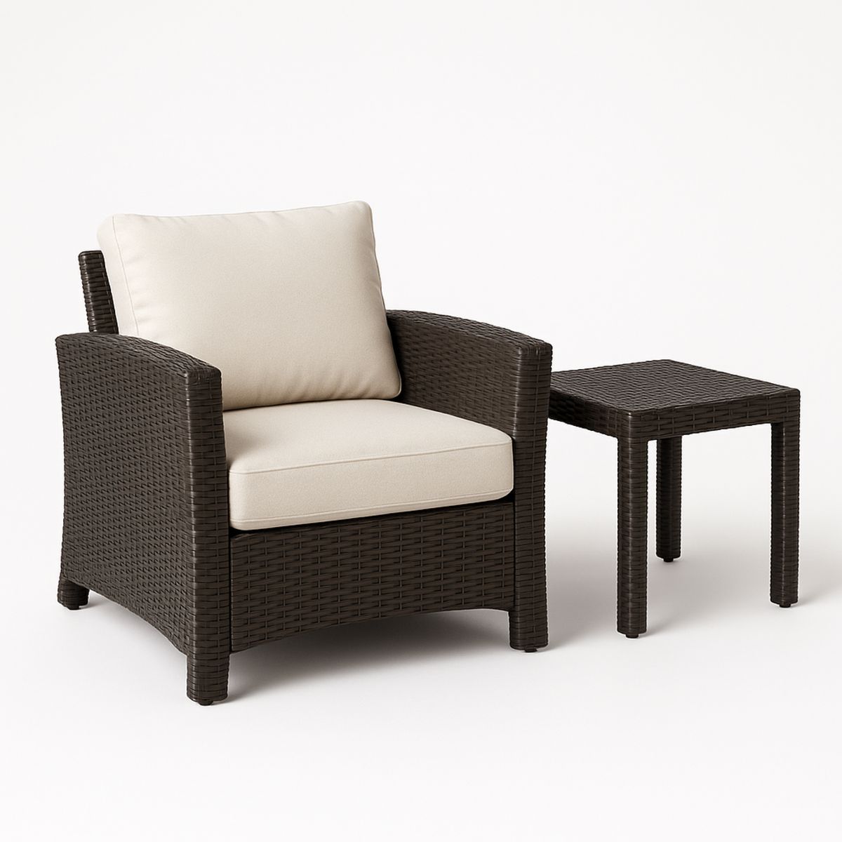 Outdoor Lounge Chair and Side Table Set in Rattan Brown and Cream-Venorital