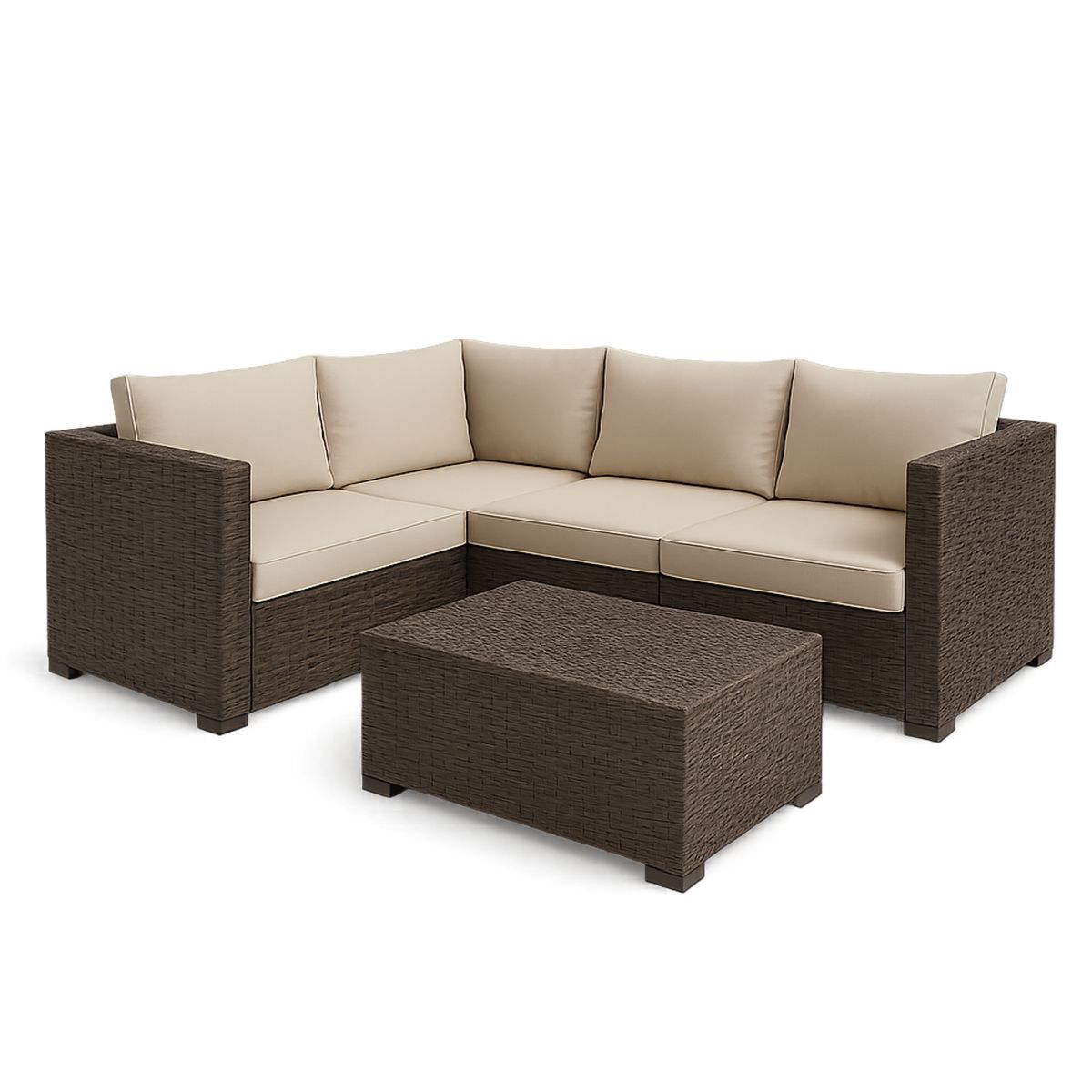 Outdoor Sectional Sofa Set Steel Frame Beige Cushions Brown Wicker L-Shaped Lounge-Venorital
