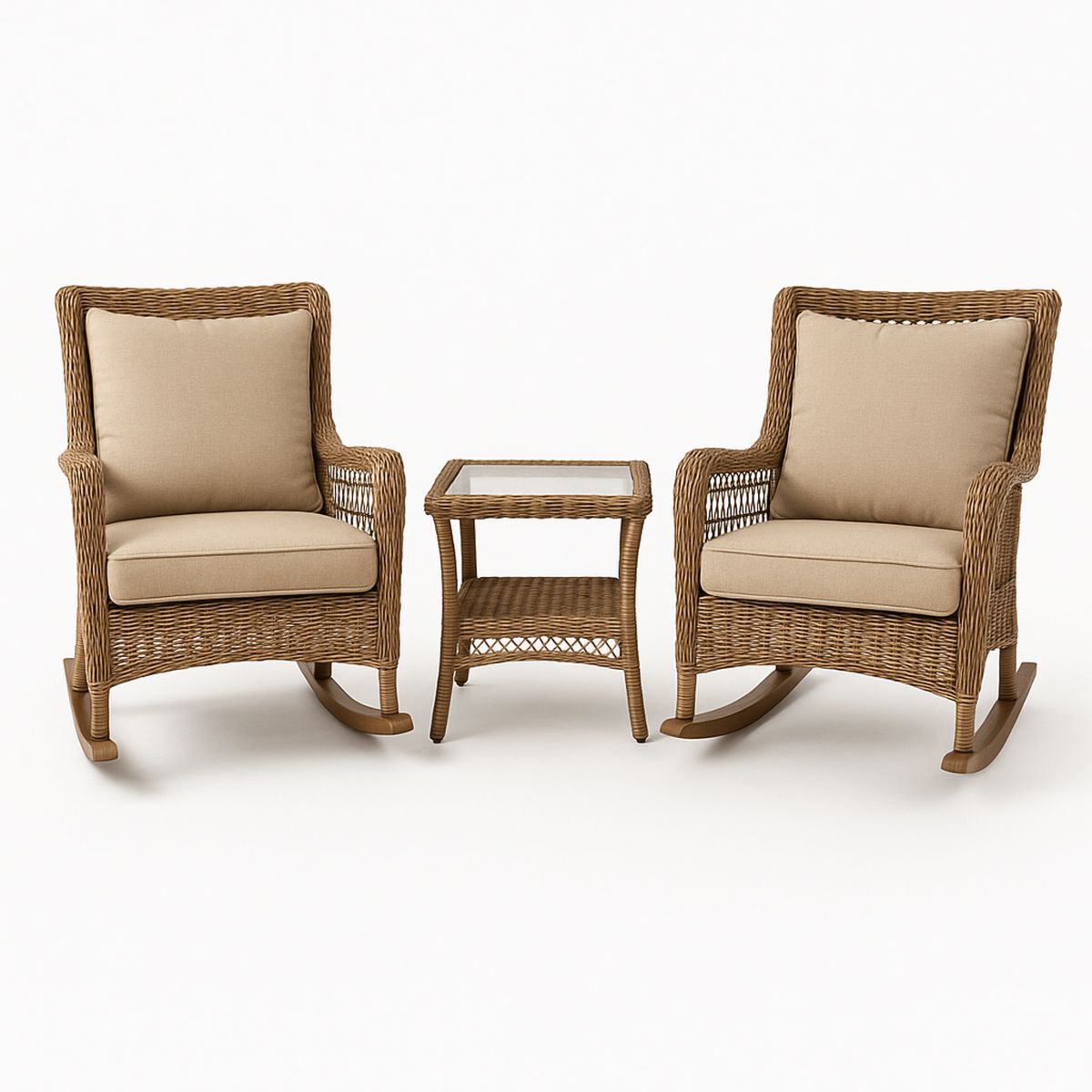 Outdoor Wicker Rocking Chair and Table Set with Beige Cushions-Venorital