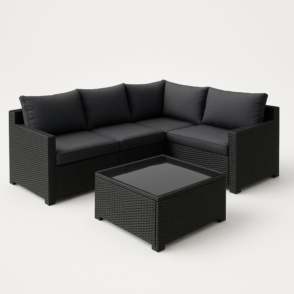 3 Piece Black Wicker Outdoor Sectional Sofa Set with Cushions and Glass Coffee Table-Venorital