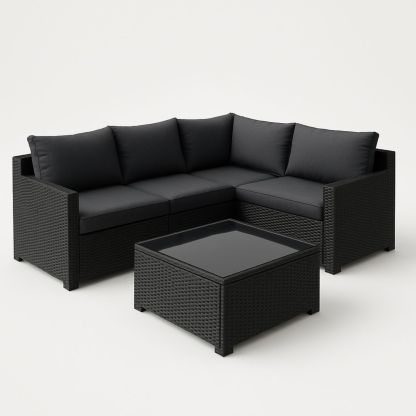3 Piece Black Wicker Outdoor Sectional Sofa Set with Cushions and Glass Coffee Table-Venorital