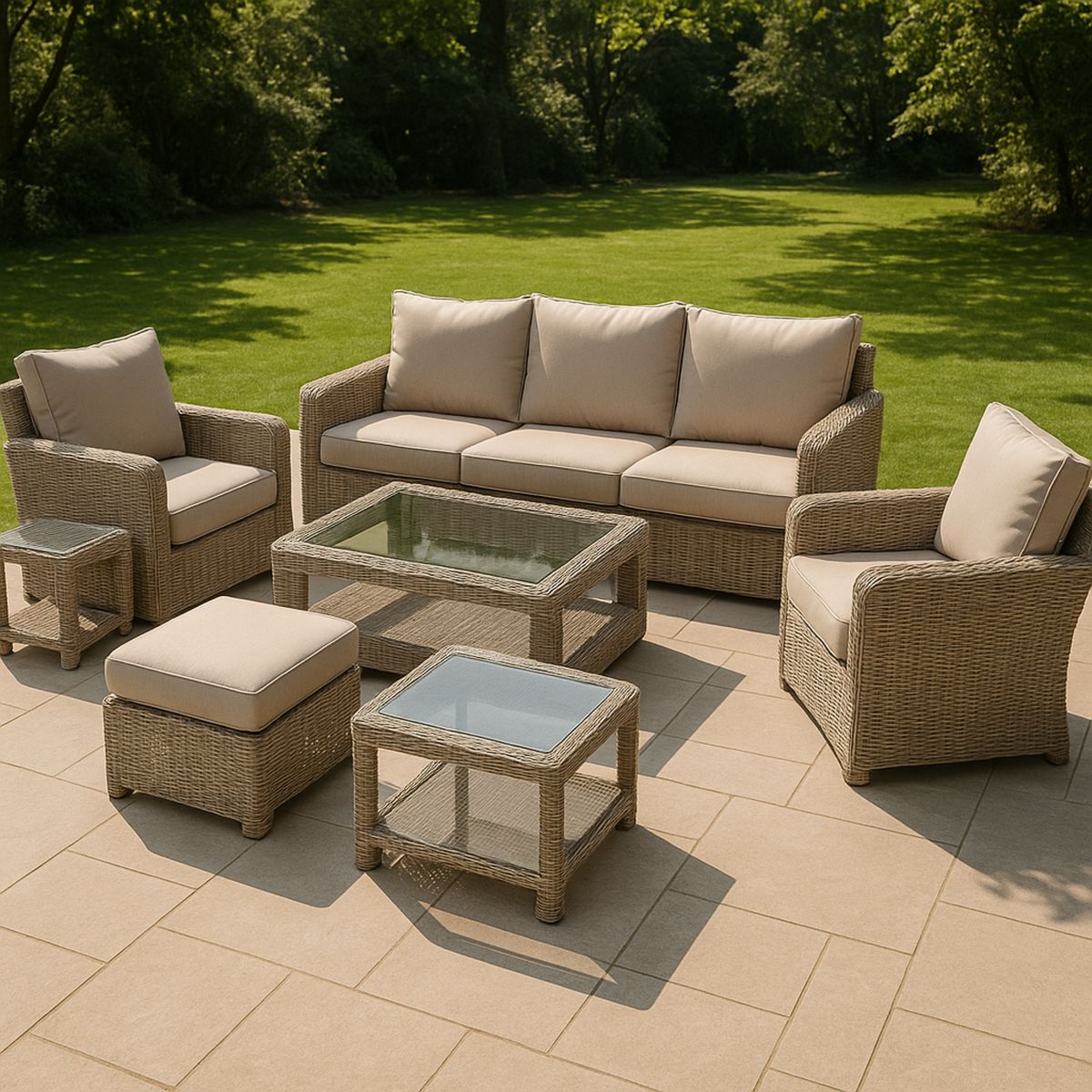 Outdoor Wicker Furniture Set with Cushions and Glass Top Table Cream Beige-Venorital