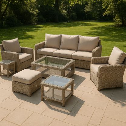 Outdoor Wicker Furniture Set with Cushions and Glass Top Table Cream Beige-Venorital