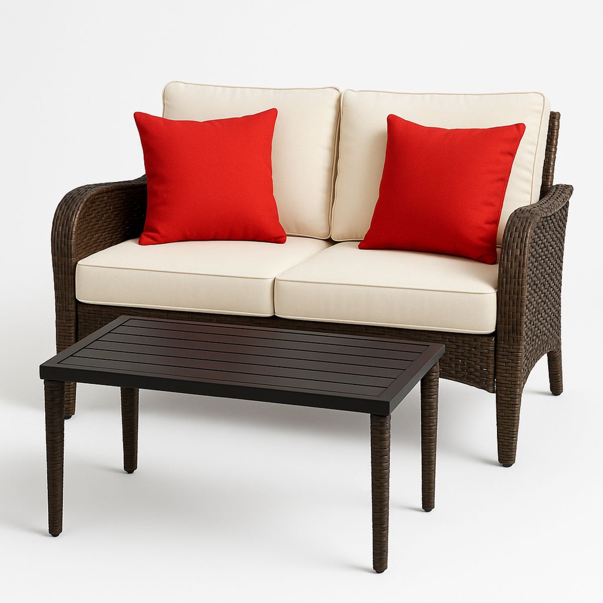 Outdoor Wicker Sofa and Coffee Table Set with Cream Cushions and Red Throw Pillows-Venorital