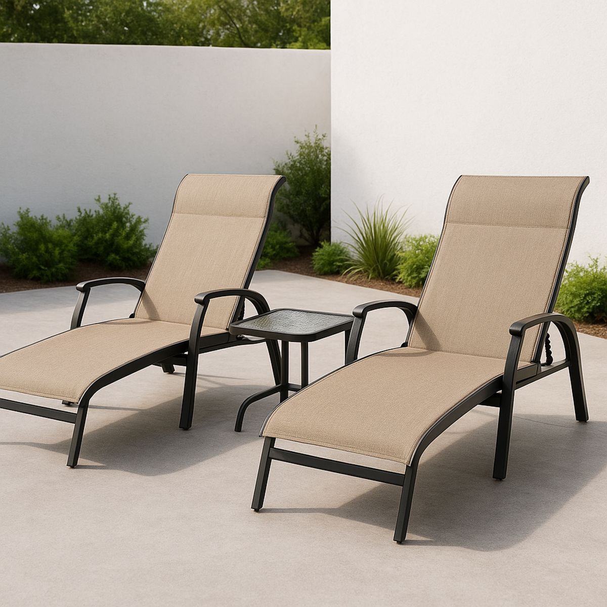 Outdoor Reclining Sun Lounger Set with Aluminium Frame and Tempered Glass Table Beige-Solinerva