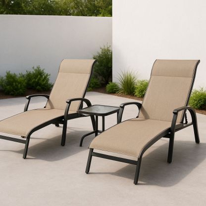 Outdoor Reclining Sun Lounger Set with Aluminium Frame and Tempered Glass Table Beige-Solinerva