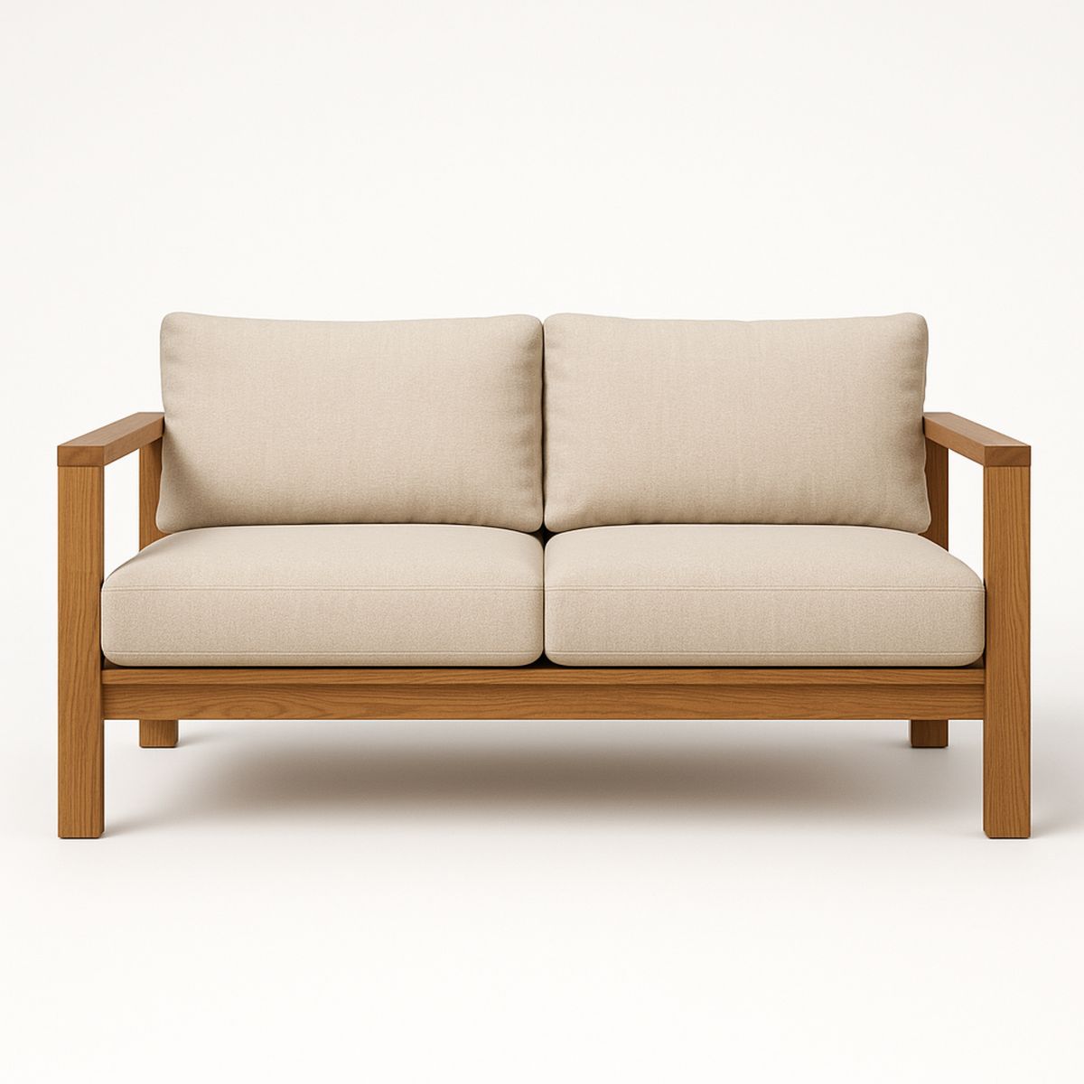 Teak Two-Seater Sofa with Beige Cushions-Solinerva