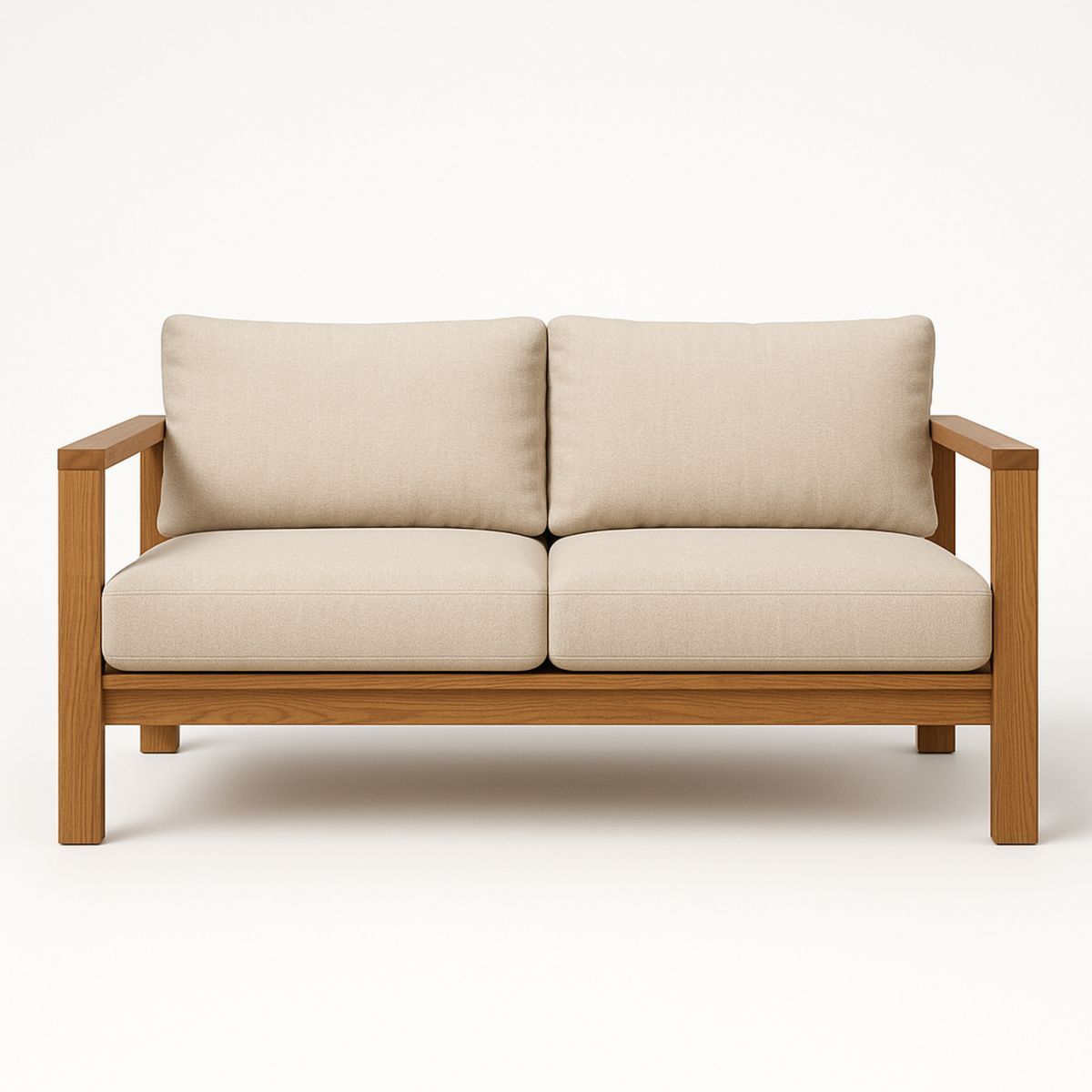 Teak Two-Seater Sofa with Beige Cushions-Solinerva