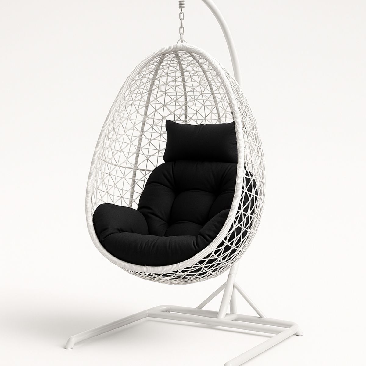 Hanging Egg Chair with Cushion White Steel Frame Black Cushion 200cm-Solinerva