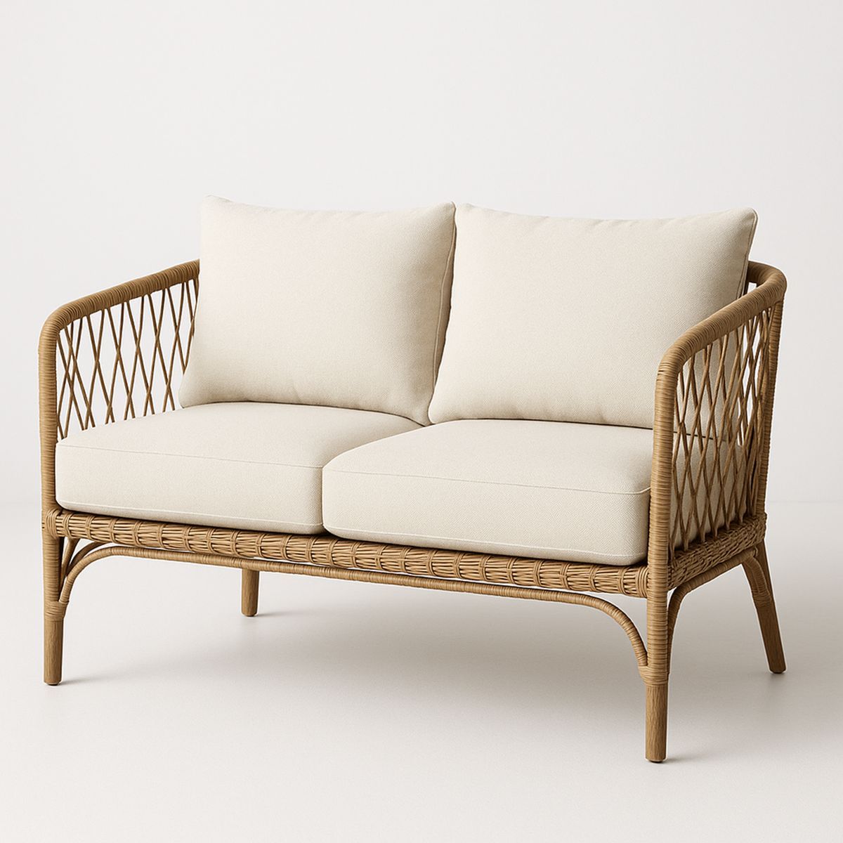 Natural Rattan Two-Seater Sofa with Beige Cushions 130cm Length-Solinerva