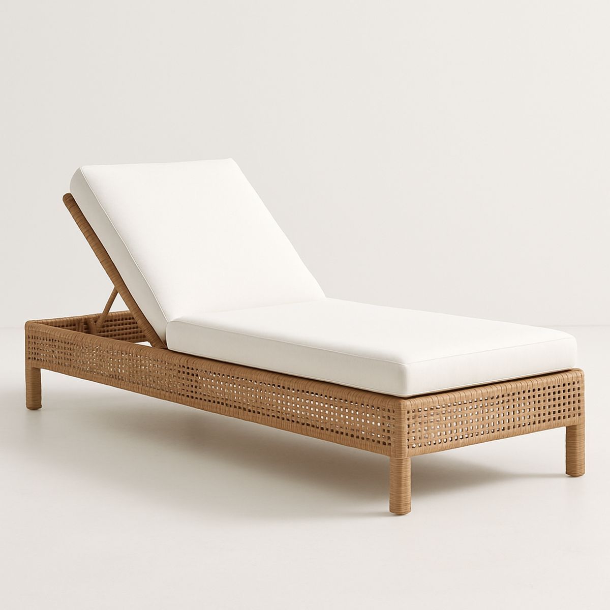 Outdoor Chaise Lounge Rattan Frame Adjustable Backrest White Cushion-Solinerva