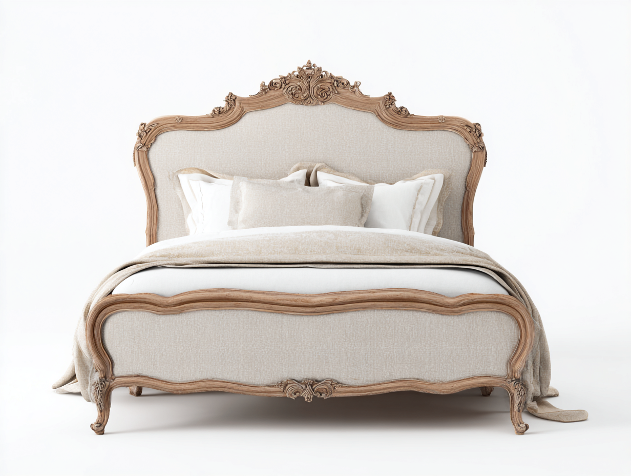 Letto matrimoniale legno/tessuto 200x160x125 cm - beige/legno naturale - per camera da letto - stile francese-Huboliq