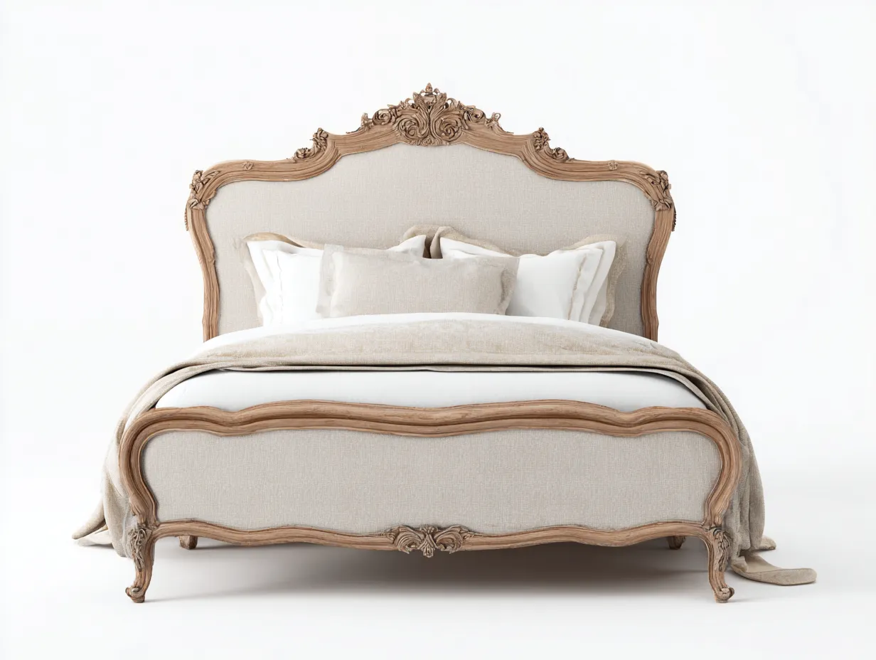 Letto matrimoniale legno/tessuto 200x160x125 cm - beige/legno naturale - per camera da letto - stile francese-Huboliq