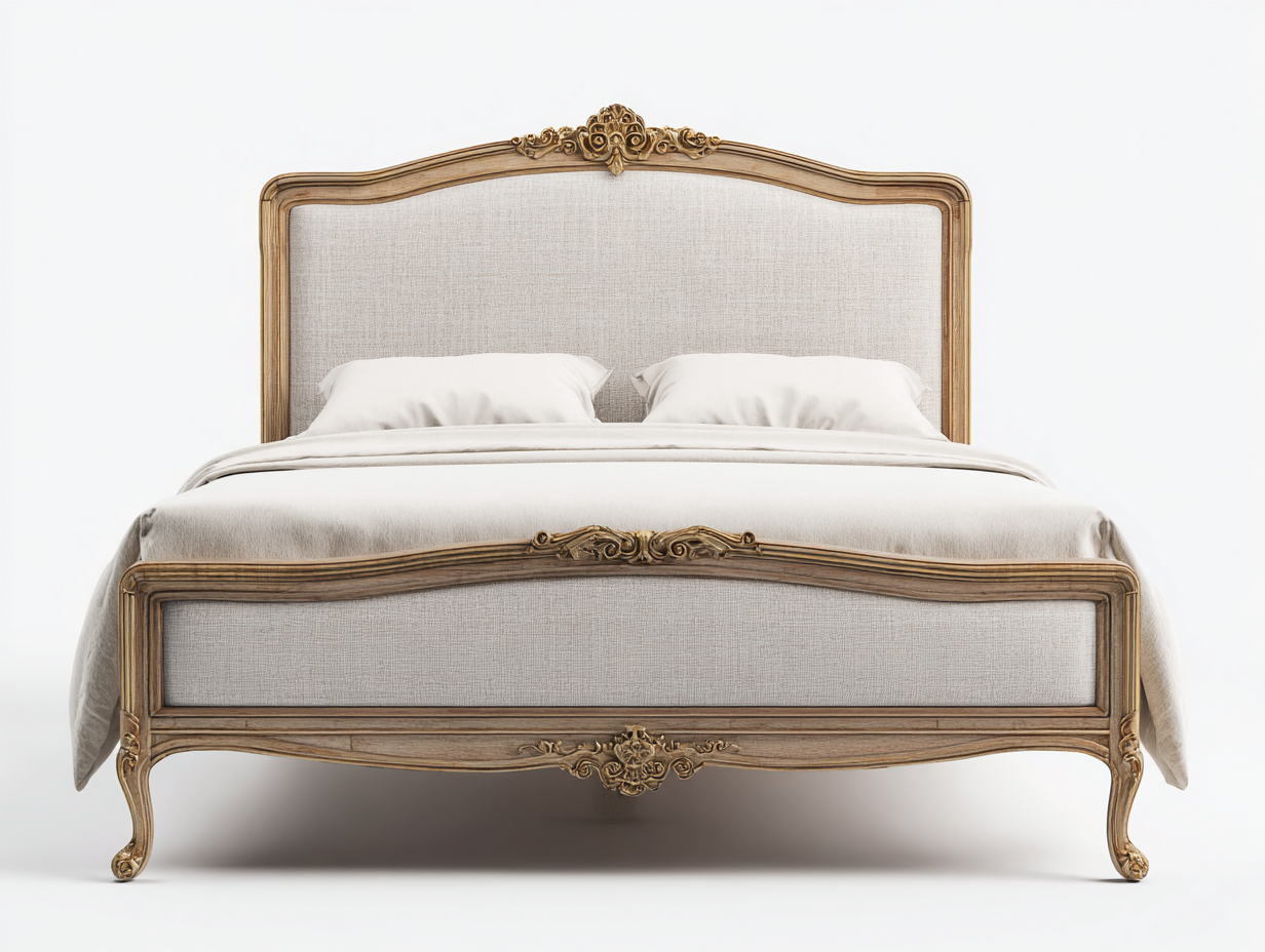 Letto matrimoniale legno/tessuto 200x160x125 cm - beige/legno naturale - per camera da letto - stile francese-Huboliq