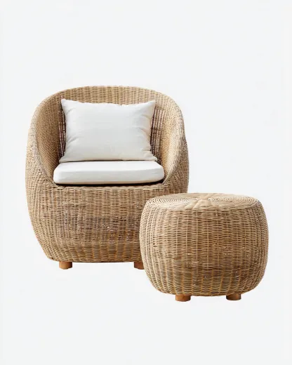 Poltrona da giardino in rattan - poltrona 70x75x90 cm con poggiapiedi - naturale - per giardino - design moderno-Huboliq