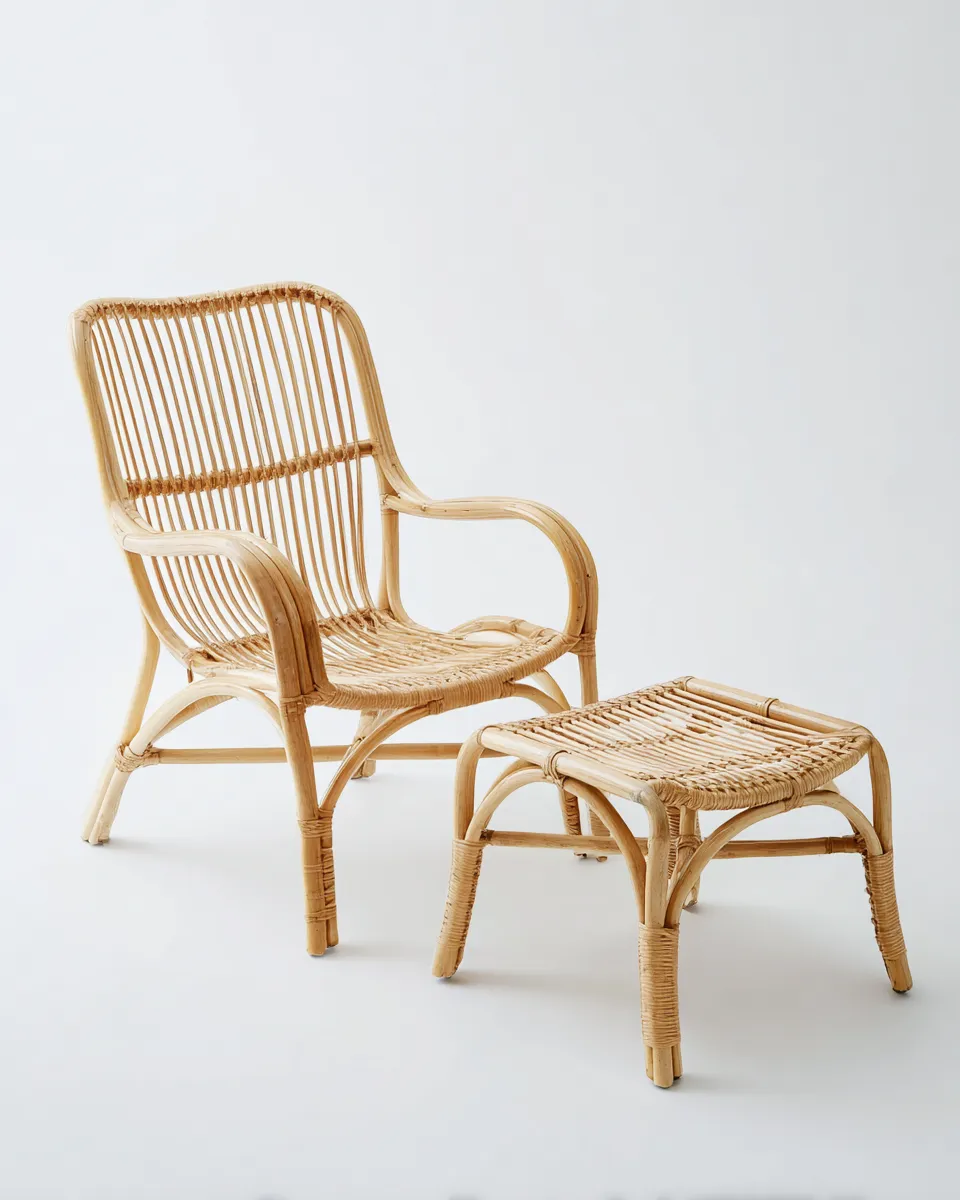 Set poltrona da giardino con poggiapiedi rattan -poltrona 70x60x95 cm - naturale - per esterni - stile naturale-Huboliq