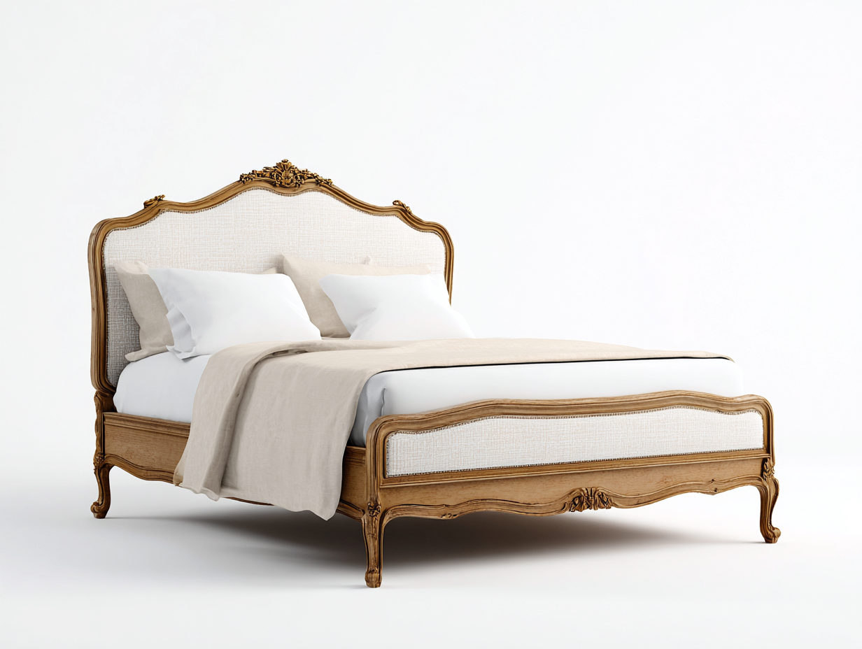 Letto matrimoniale in legno intagliato con testiera imbottita 200x160x118 cm - rovere/bianco - per camera da letto - stile francese-Huboliq