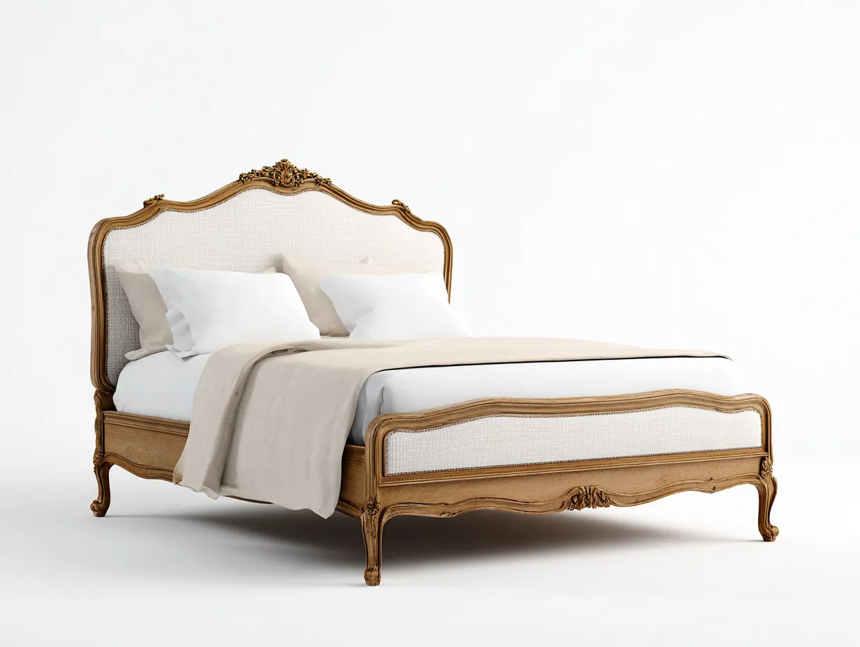 Letto matrimoniale in legno intagliato con testiera imbottita 200x160x118 cm - rovere/bianco - per camera da letto - stile francese-Huboliq