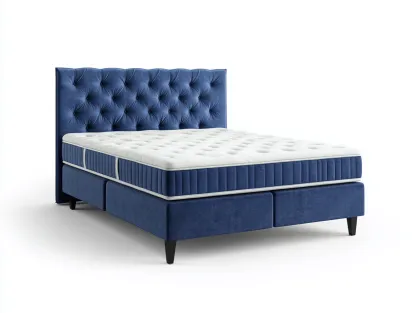 Letto matrimoniale imbottito velluto 200x160x115 cm - blu/bianco/nero - per camera da letto - testiera trapuntata-Huboliq