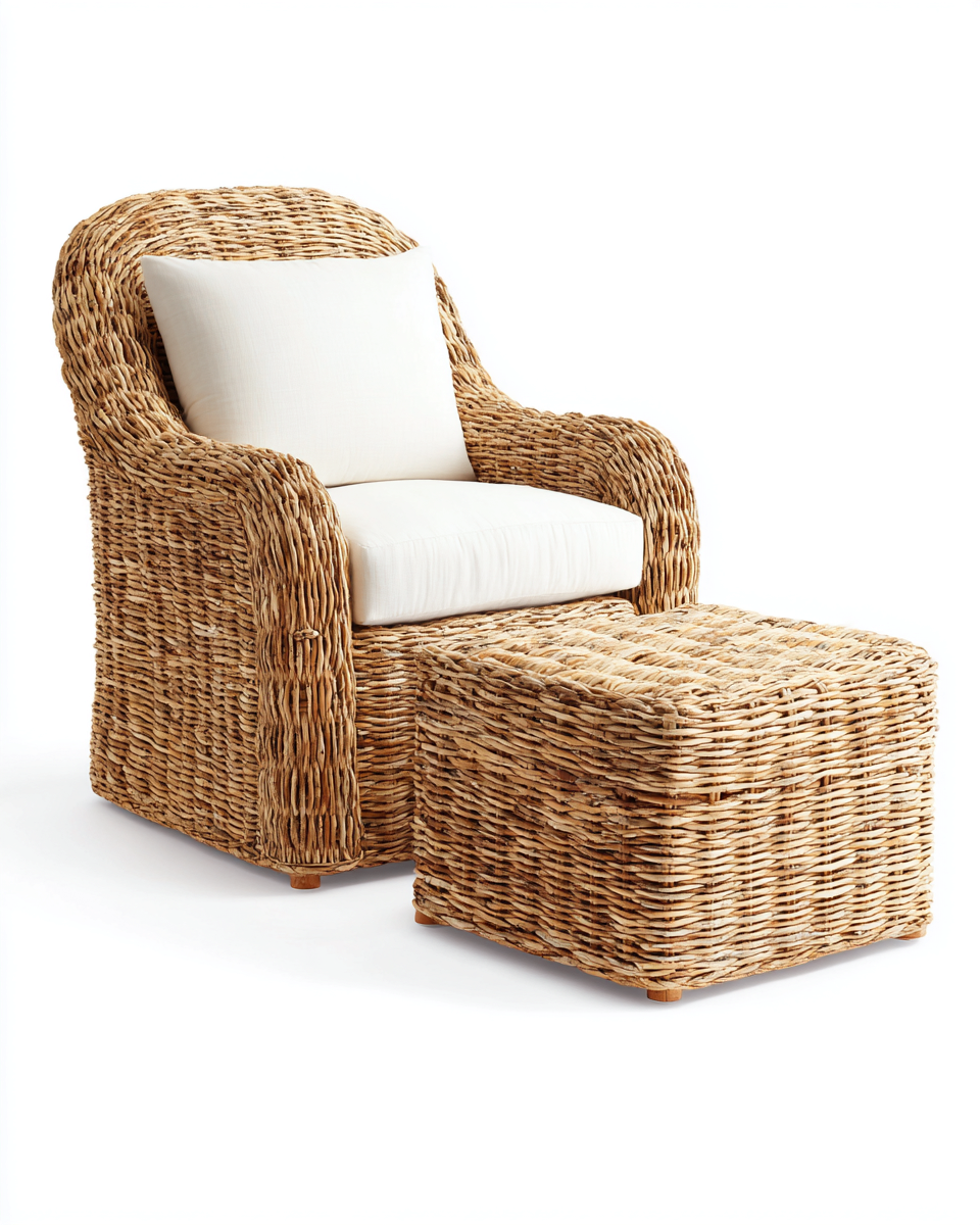 Set poltrona da giardino con poggiapiedi rattan/tessuto - poltrona 75x80x95 cm - naturale/bianco - per esterni - stile moderno-Huboliq