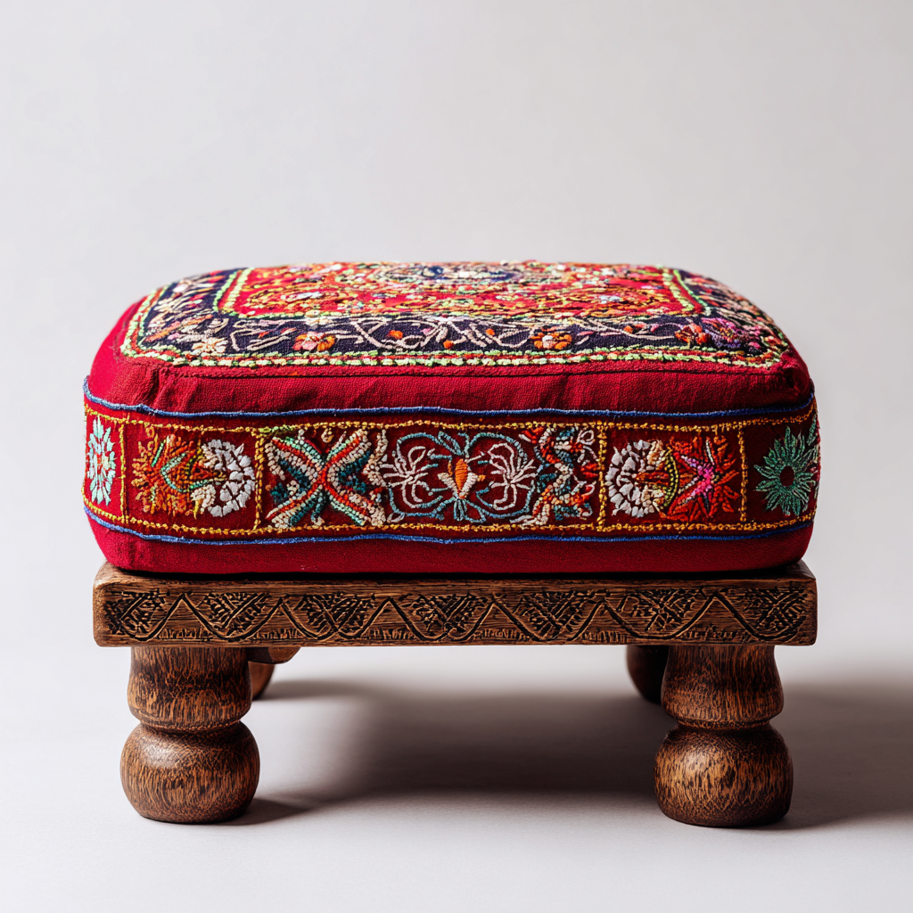 Pouf tessuto ricamato 40x40x28 cm rosso - design tradizionale - per soggiorno-Nestleix