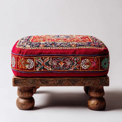 Pouf tessuto ricamato 40x40x28 cm rosso - design tradizionale - per soggiorno-Nestleix