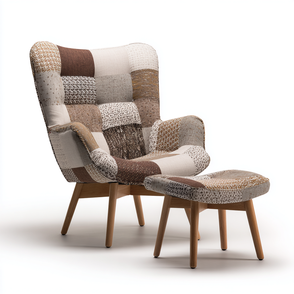 Poltrona tessuto patchwork 86x80x98 cm marrone - beige - con poggiapiedi - design moderno per soggiorno-Nestleix