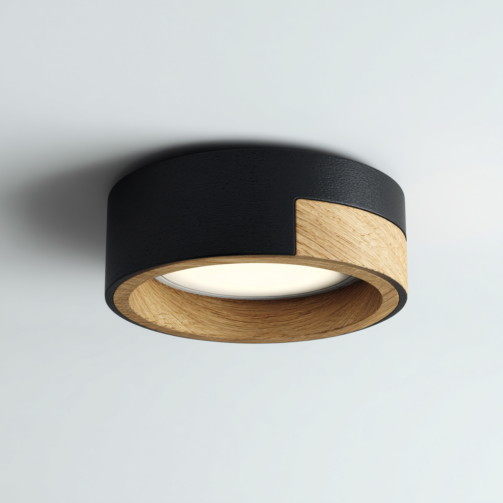 Lampada da soffitto metallo e legno 24x24x9 cm nero e legno design moderno per soggiorno-Nestleix